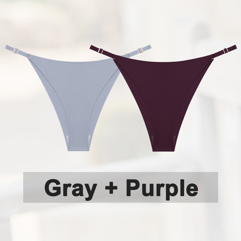 Two seamless silky G-string thongs from The Clothing Company Sydney, low-rise lingerie with adjustable waistbands and minimal coverage.