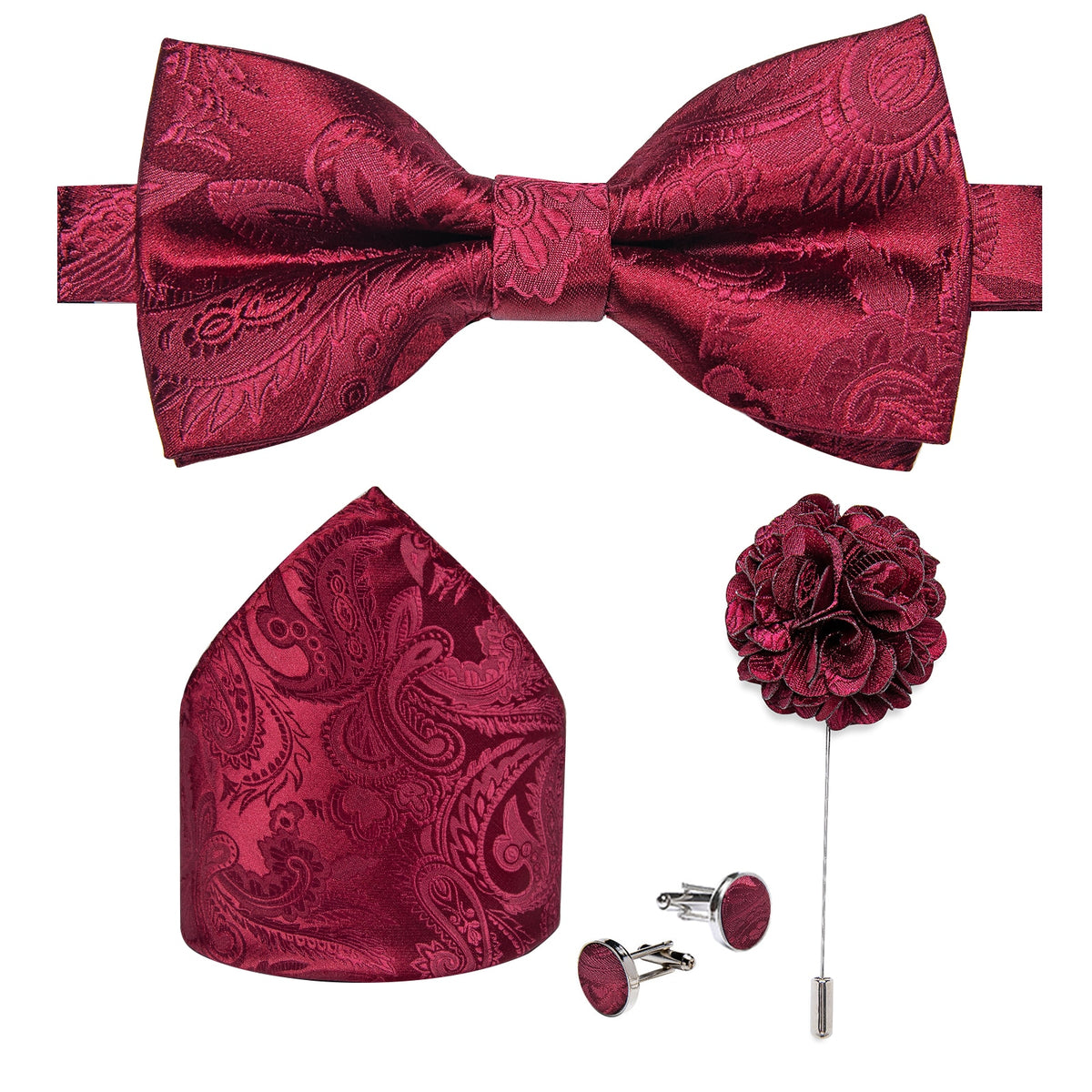 Red pre-tied wedding bow tie for men with matching cufflinks and corsage set, elegant silk butterfly knot accessories for formal events.