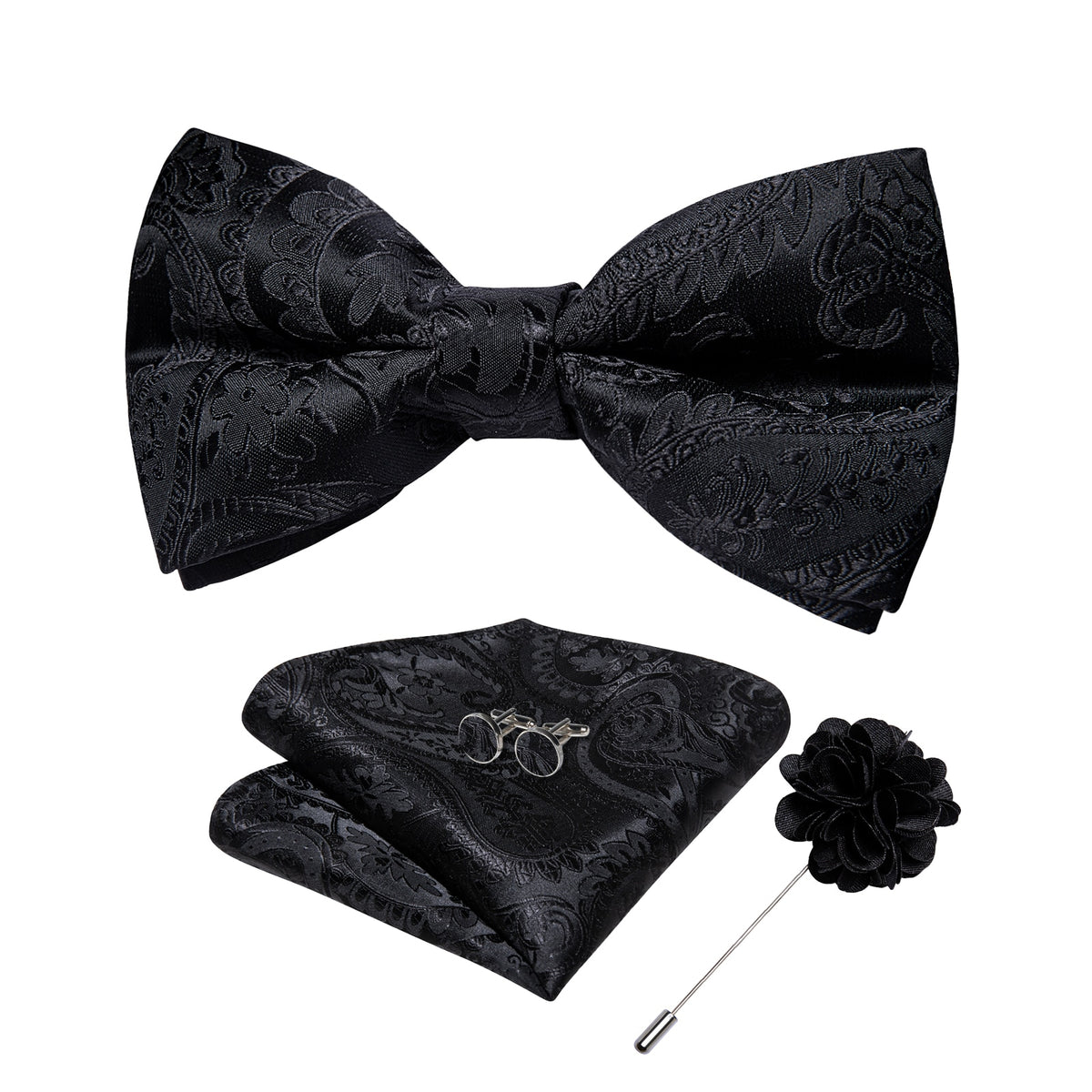 Classic red pre-tied wedding bow tie, silk butterfly knot, cufflinks, and corsage set by The Clothing Company Sydney for formal events