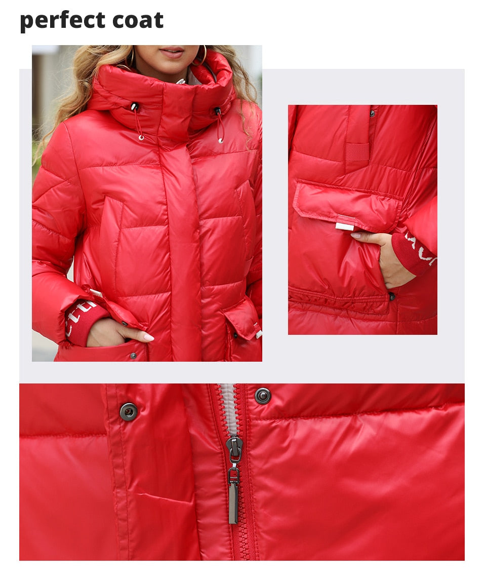 Women's down jacket by The Clothing Company Sydney featuring a long slim design, stand collar, hood, zipper, and large pockets.