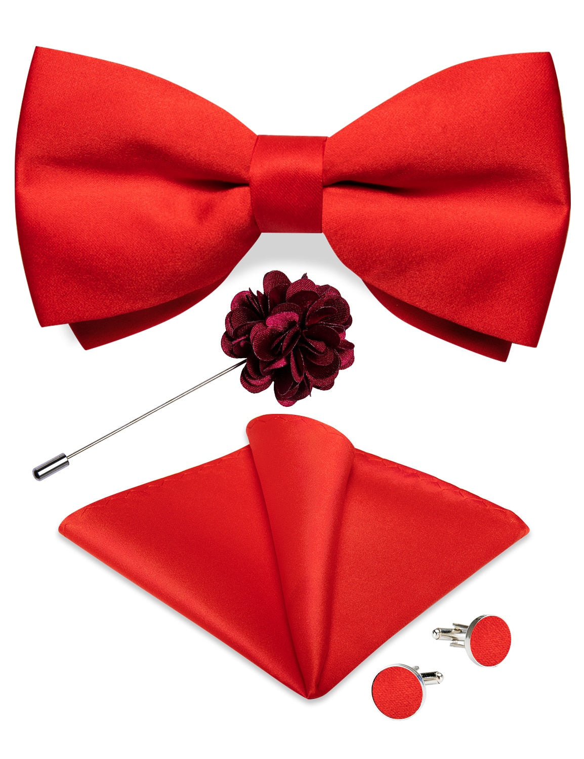 Classic red men's wedding bow tie set with cufflinks, silk butterfly knot, and corsage, perfect for formal parties and special occasions.
