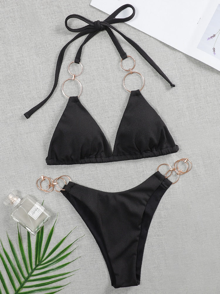 Black 2-piece metal rings micro bikini swimsuit with push-up top, Brazilian style, from The Clothing Company Sydney, beachwear for women.
