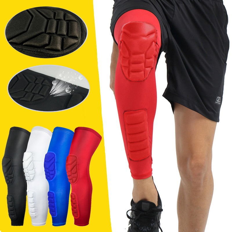 Compression MTB knee pads with honeycomb design, suitable for men, women, and kids, offering calf and knee protection for sports.