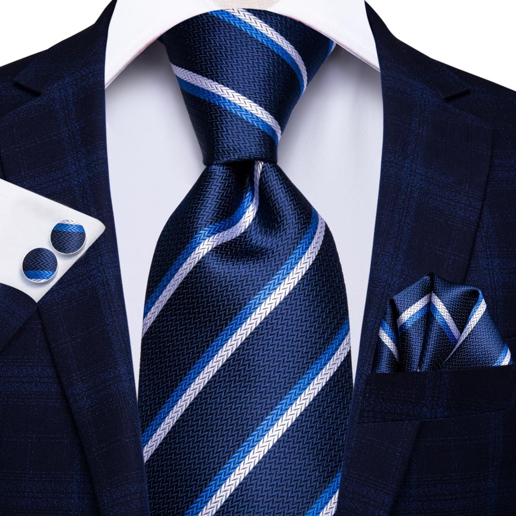 Blue silk men's business tie with dots, plaid pattern, and matching cufflinks, 150cm, from The Clothing Company Sydney.