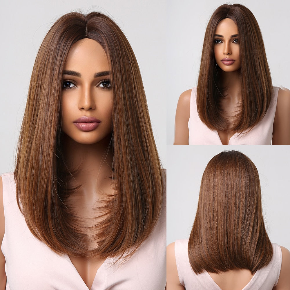 Blonde to brown ombre synthetic bob wig with bangs for women, heat-resistant, suitable for daily wear, cosplay, and parties.