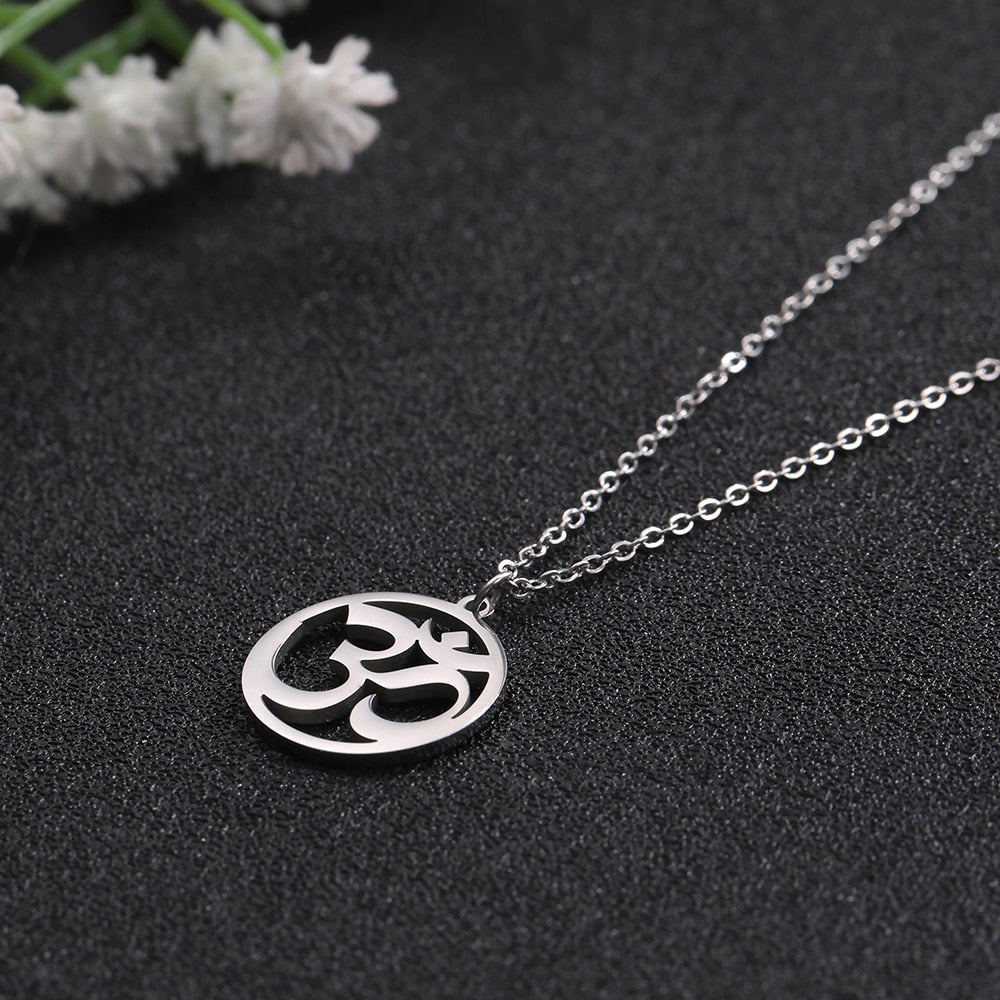 Stainless steel Tamil Om Aum symbol pendant with trident on chain, vintage Shiva symbol yoga jewelry.