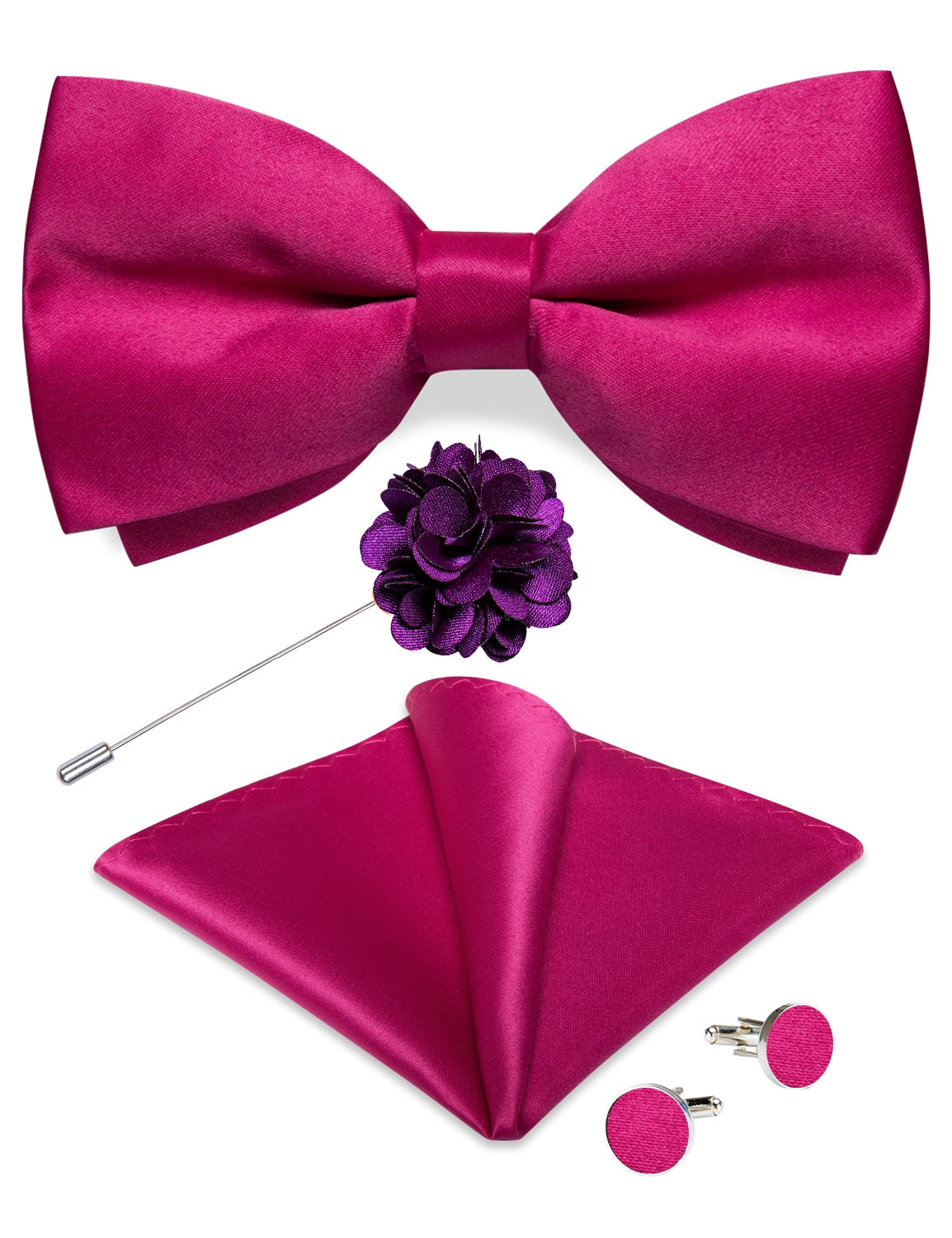 Red pre-tied wedding bow tie with matching cufflinks and corsage set, classic silk butterfly knot accessory for men's formal attire