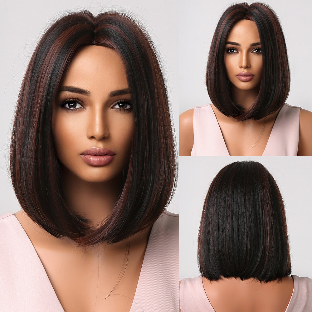 Blonde to brown ombre synthetic bob wig with bangs, straight style, heat-resistant for cosplay or daily wear, by The Clothing Company Sydney.