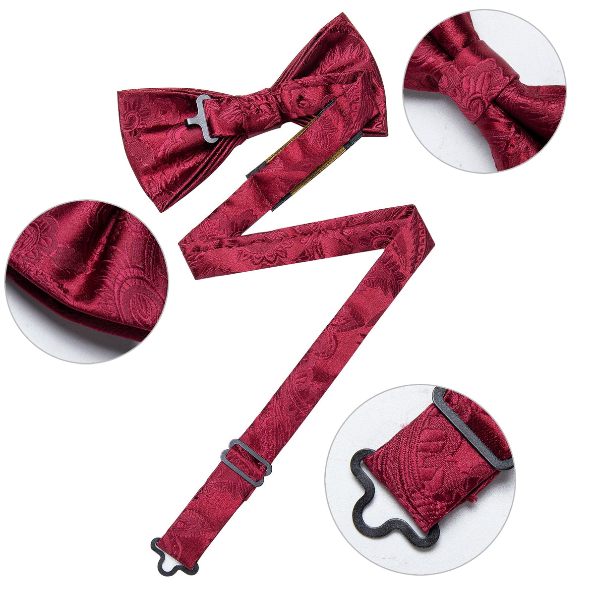 Red pre-tied wedding bow tie with matching cufflinks and corsage set, silk butterfly knot accessory for men's formal attire.