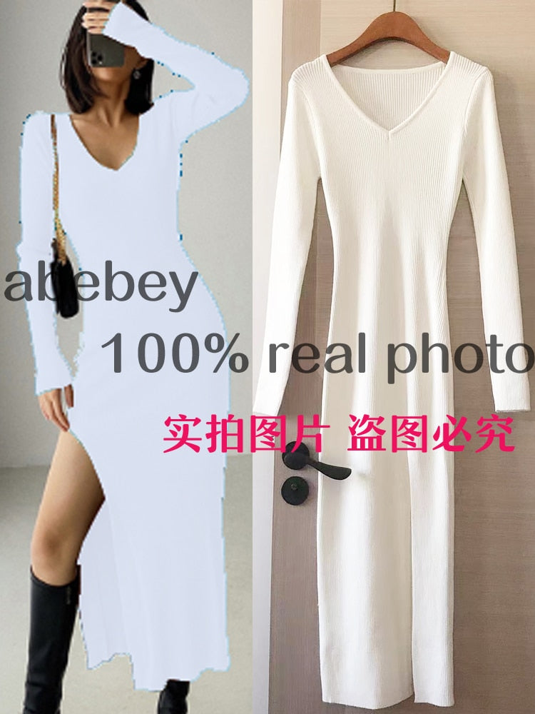 Slim fitting long sleeve slit sweater dress by The Clothing Company Sydney, over-the-knee knit dress with a stylish slit detail.