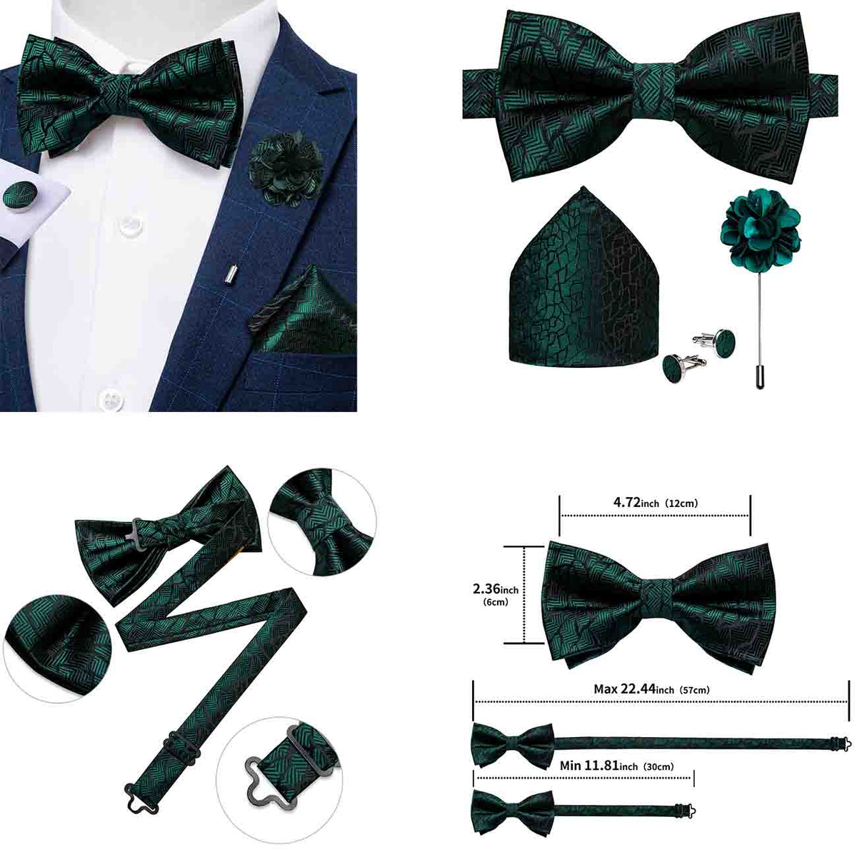 Classic red pre-tied wedding bow tie set with matching cufflinks and corsage, silk butterfly knot for men's accessories.