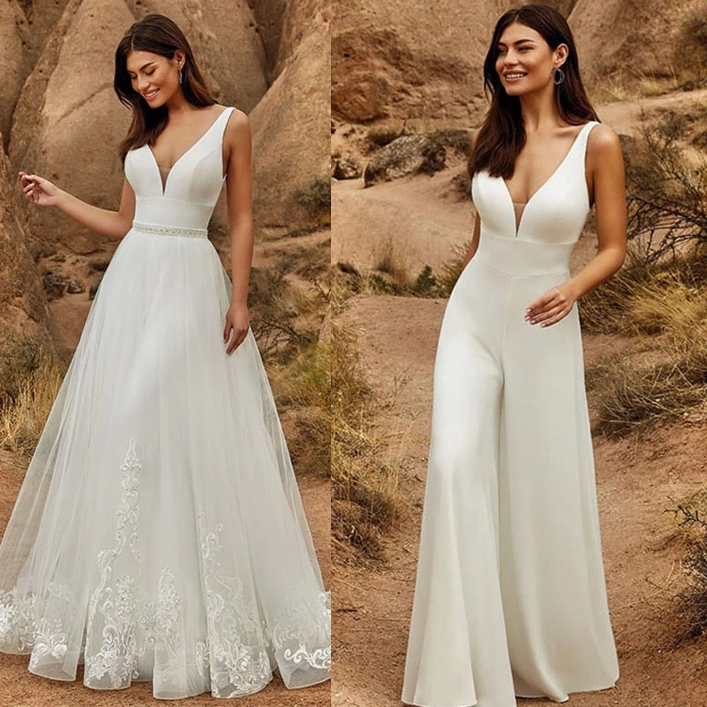 Elegant 2-in-1 wedding jumpsuit with detachable skirt, V-neck tulle gown with sweep train, designed by The Clothing Company Sydney