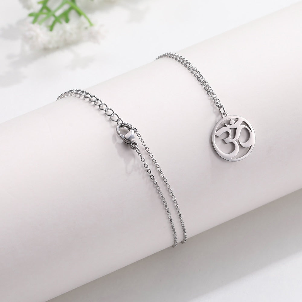 Stainless steel Tamil Om Aum symbol with trident pendant necklace, vintage Shiva yoga jewelry, showcasing intricate design.