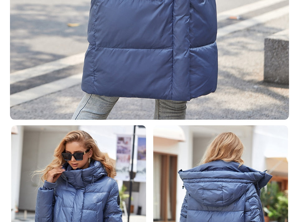 Women's down jacket by The Clothing Company Sydney featuring a long slim design, stand collar, hood, zipper, and large pockets.