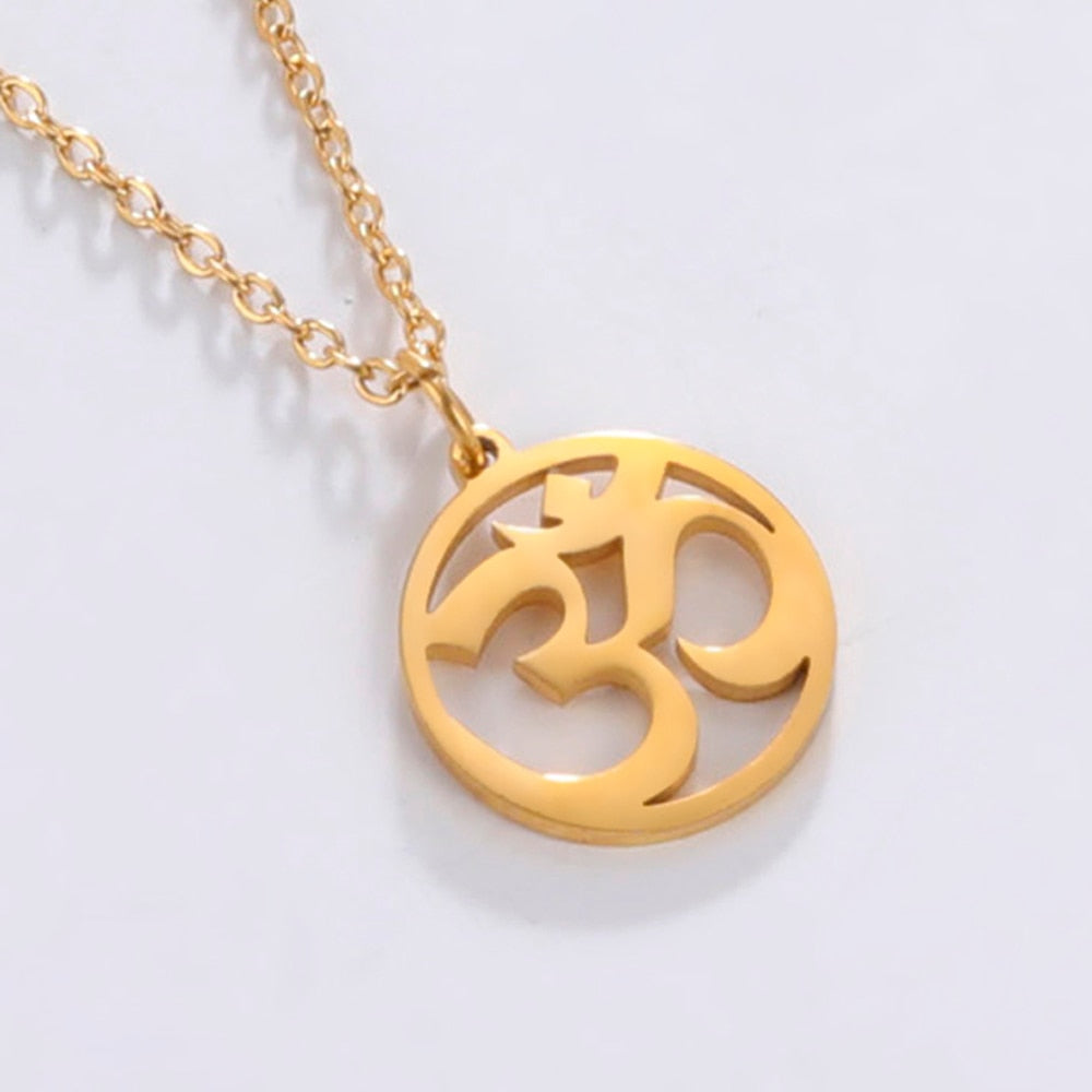 Stainless steel Tamil Om Aum symbol with trident pendant necklace, vintage yoga jewelry featuring Shiva symbol and chain.