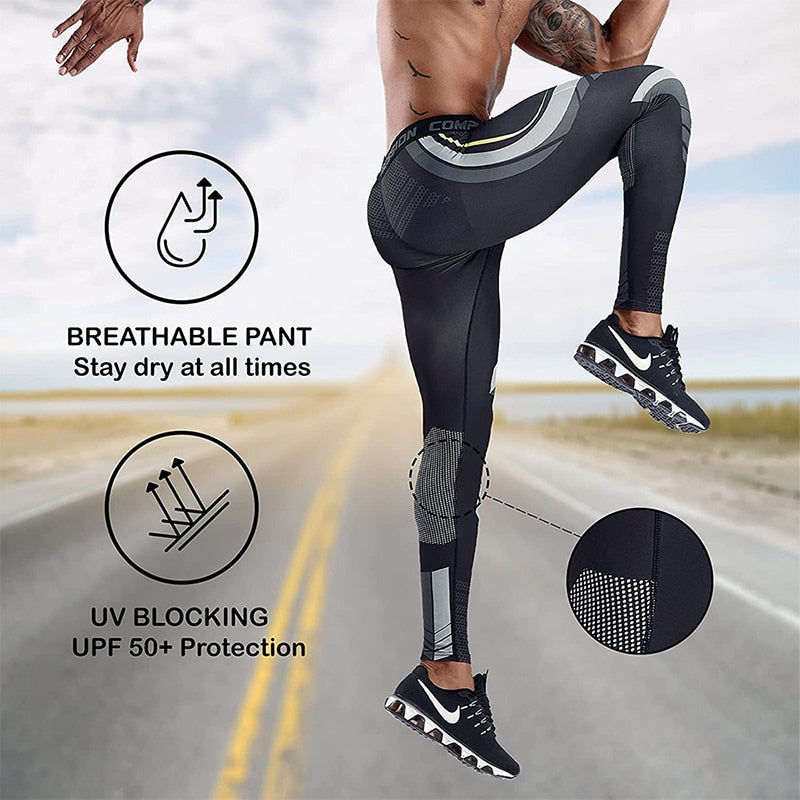 Men's running compression leggings by The Clothing Company Sydney, quick-drying, stretchy fitness tights with print for gym and training.