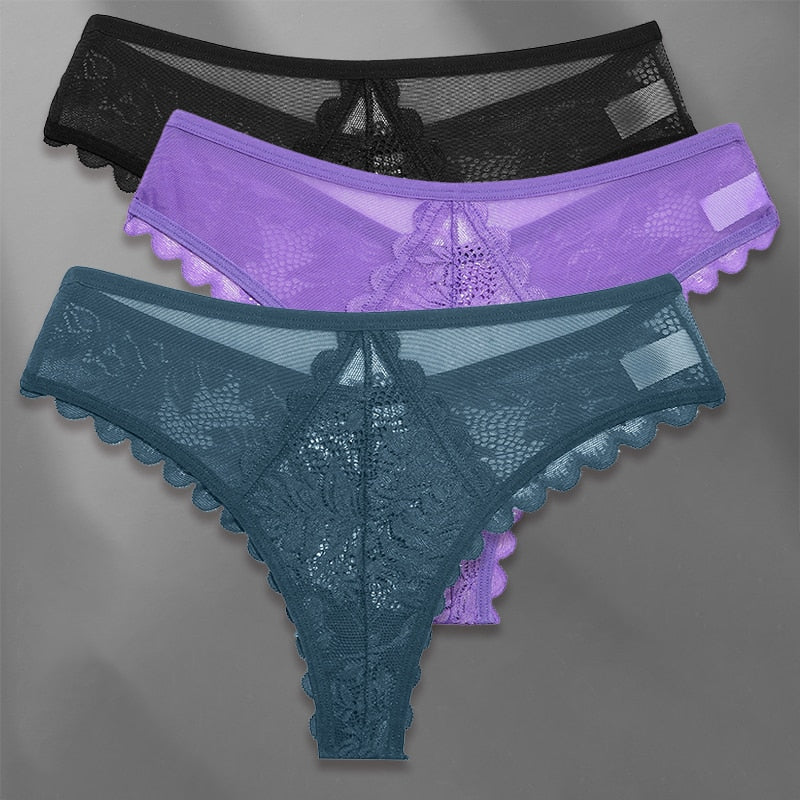 Three lace G-string panties from The Clothing Company Sydney, soft feminine lingerie set with thong style and delicate lace details.