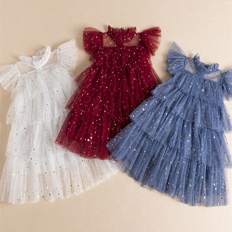 Kids girls summer princess tulle dress with floral accents, sleeveless layered design, perfect for beach parties and birthdays.