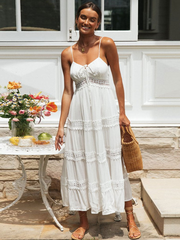 White spaghetti straps summer dress by The Clothing Company Sydney, elegant long beach sundress with hollow out details and soft fabric.