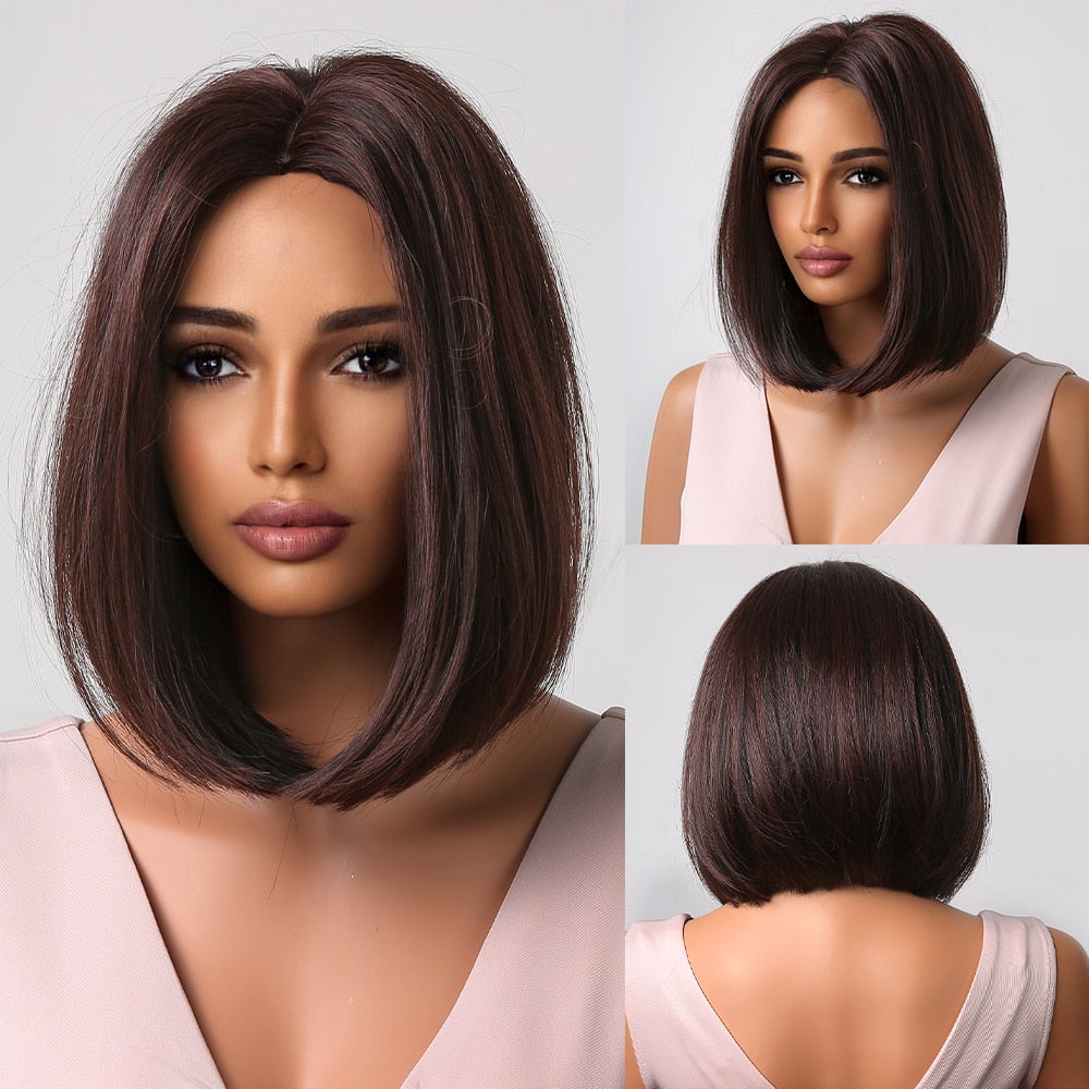 Blonde to brown ombre straight synthetic wig with bangs for women, heat-resistant bob style, suitable for cosplay or daily wear