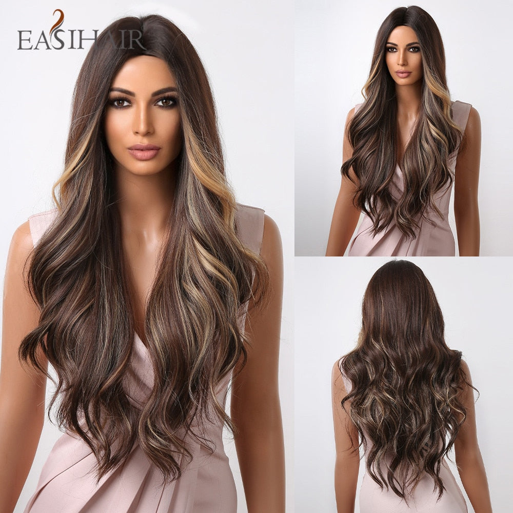 Long wavy synthetic wig with brown and blonde tones, featuring bangs, designed for women’s daily wear and cosplay, heat-resistant.