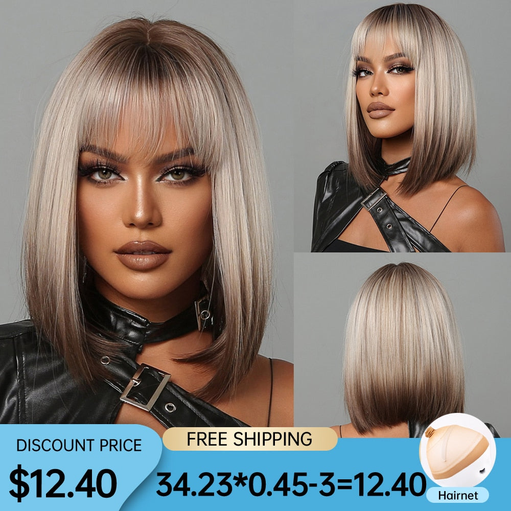 Blonde to brown ombre straight synthetic wig with bangs for women, featuring a bob style, heat-resistant for cosplay or daily wear