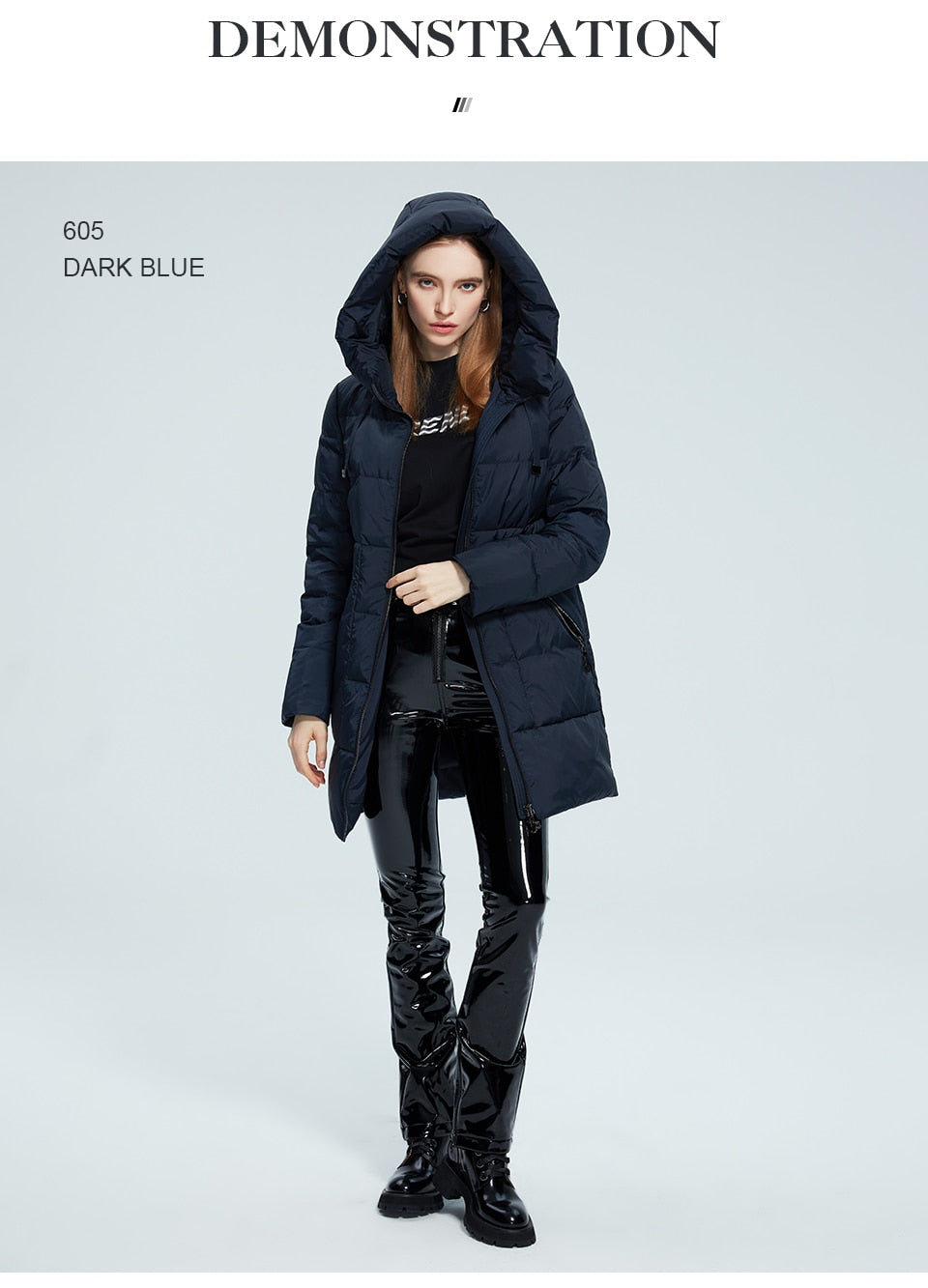 Women's winter jacket by The Clothing Company Sydney, hooded mid-length parka with stand collar, large pockets, windproof, cold protection.
