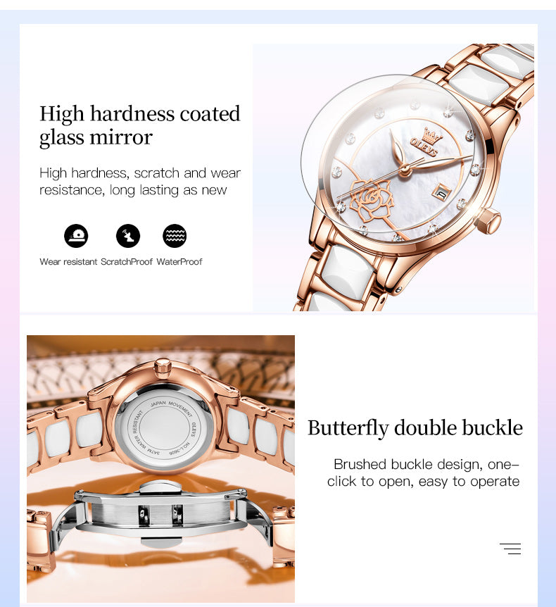 Elegant ladies' watch by Clothing Company Sydney featuring ceramic band, Japanese quartz movement, 30M water resistance.