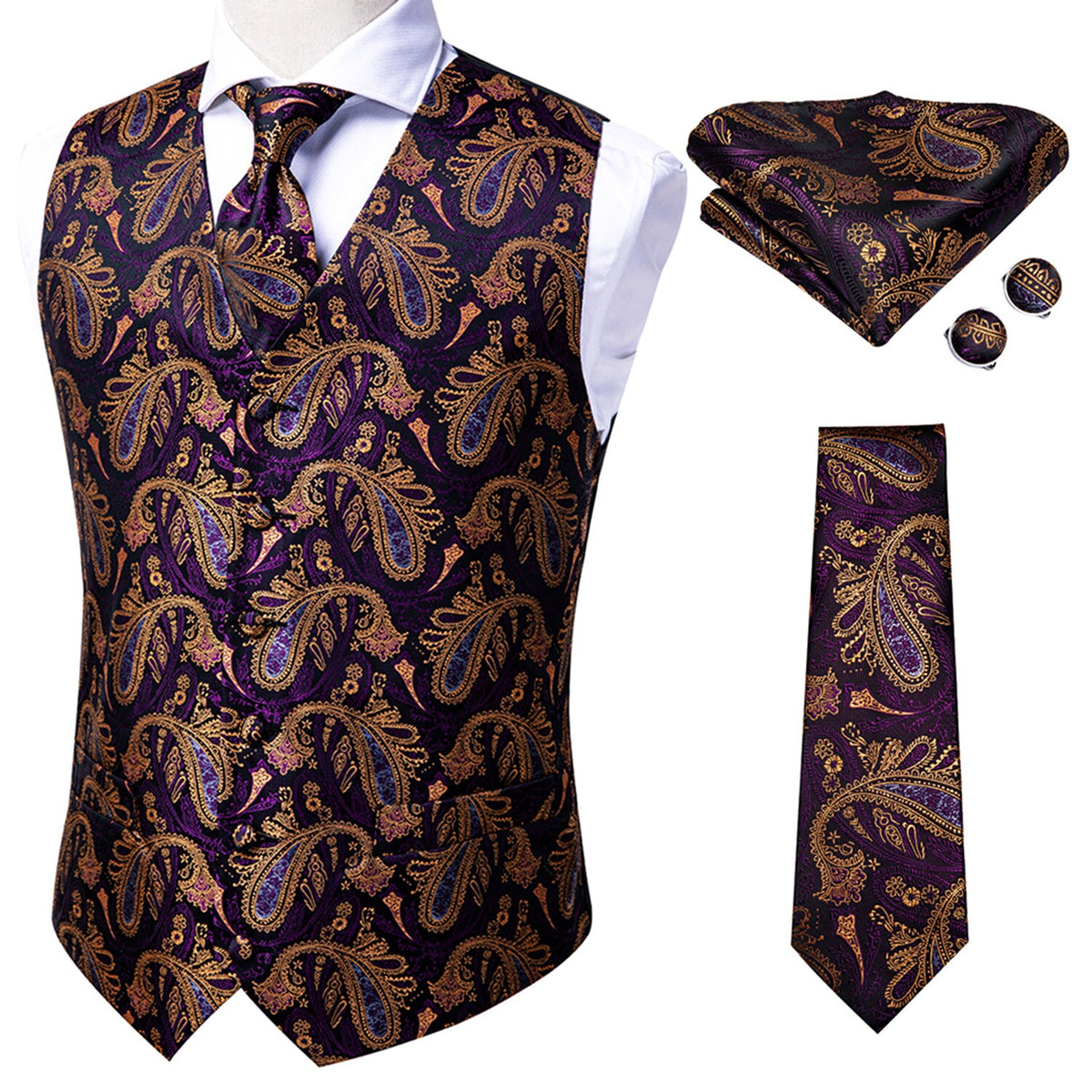 Men's luxury silk vest and tie set featuring paisley, floral, and plaid patterns in blue, gold, red, and silver for wedding attire.
