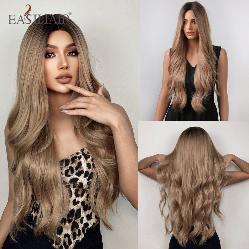 Long wavy synthetic wig with ombre brown, gray ash, and blonde shades, featuring a middle part, heat-resistant for women’s daily wear.