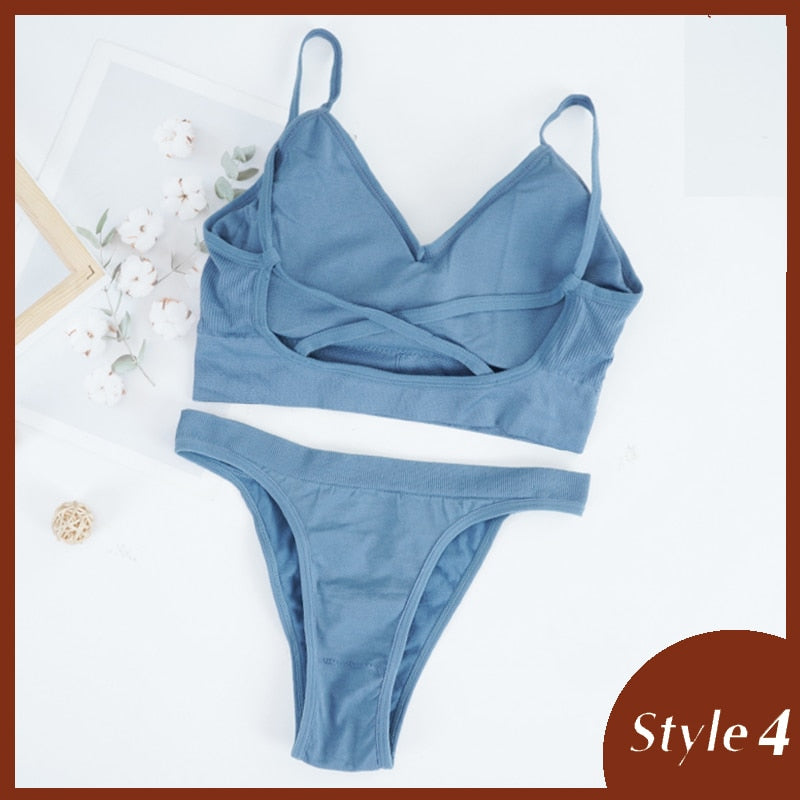 Seamless ribbed bralette and matching panty set from The Clothing Company Sydney, wire-free lingerie for comfortable wear.