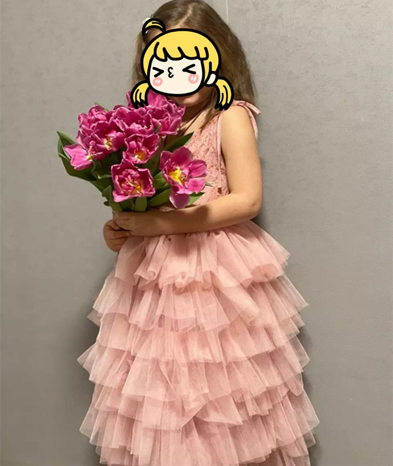 Kids' summer princess dress by The Clothing Company Sydney featuring sleeveless layered tulle, floral accents, perfect for beach or birthday parties.