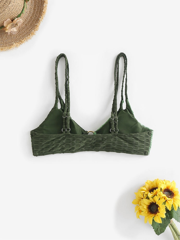 Two-tone color block bikini swimsuit from The Clothing Company Sydney with honeycomb texture and mix-and-match top and bottom.