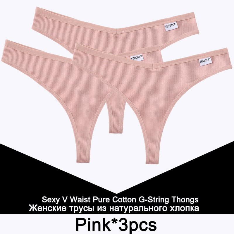 Three cotton V-waist G-string panties for women featuring T-back design, comfortable lingerie set in neutral colors.