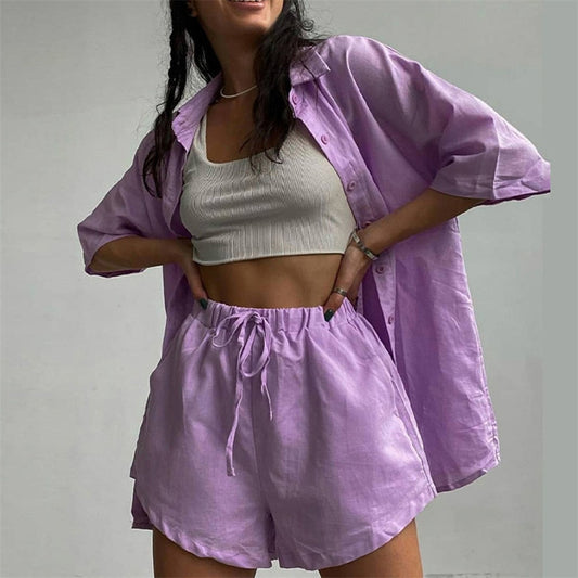 2 Piece Long Sleeve Shirt With Mini Shorts Cotton Stretch Waist Two Pieces Ladies Outfits Blouses Fashion Set The Clothing Company Sydney
