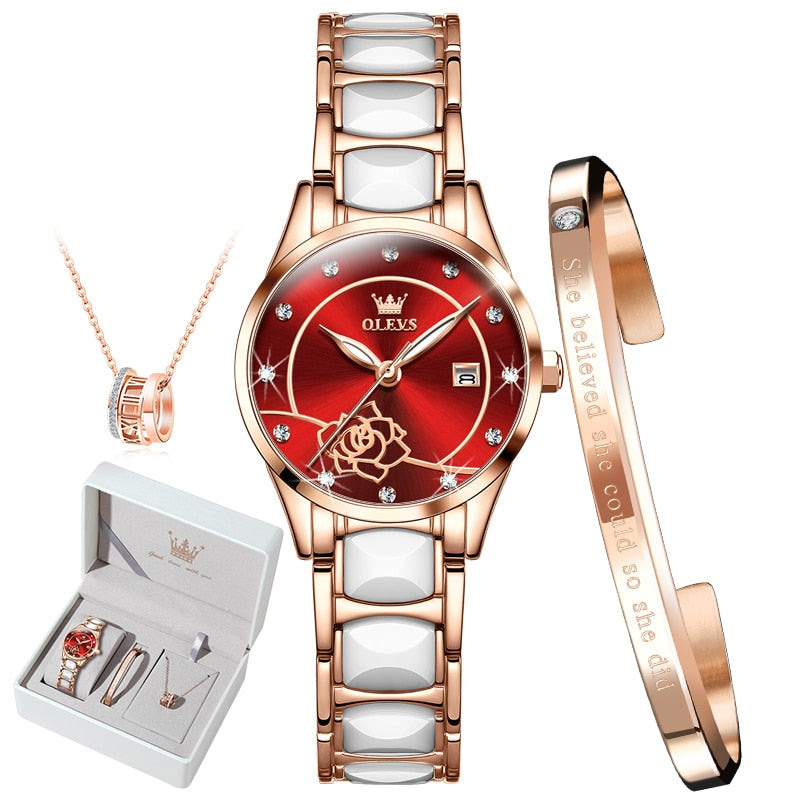 Elegant ladies watch with ceramic band, Japan quartz movement, water resistance, from OLEVS luxury collection.