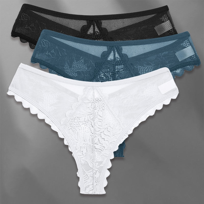 Three lace G-string panties from The Clothing Company Sydney, soft lingerie perspective thongs in a set of three.