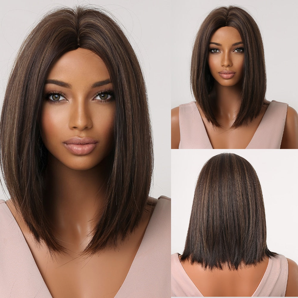 Blonde to brown ombre straight synthetic wig with bangs, cosplay and party heat-resistant wig for women, styled in a bob cut.
