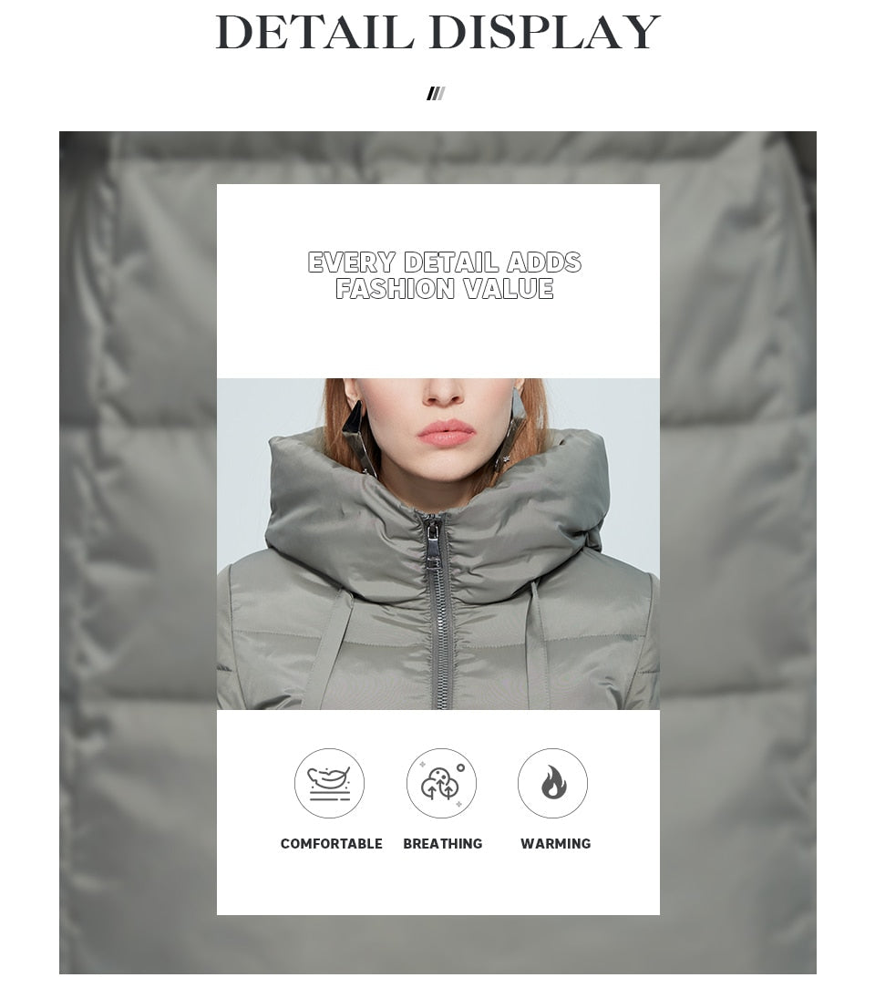 Women's winter jacket with stand collar, hood, large pockets, windproof coat by The Clothing Company Sydney, mid-length parka.