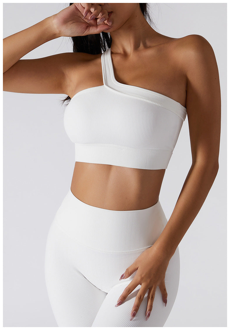 Seamless fitness bra by The Clothing Company Sydney with single shoulder strap, ideal for gym, yoga, and running workouts.