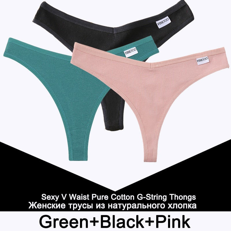 Three cotton V-waist G-string panties for women, T-back design, comfortable lingerie set from The Clothing Company Sydney.