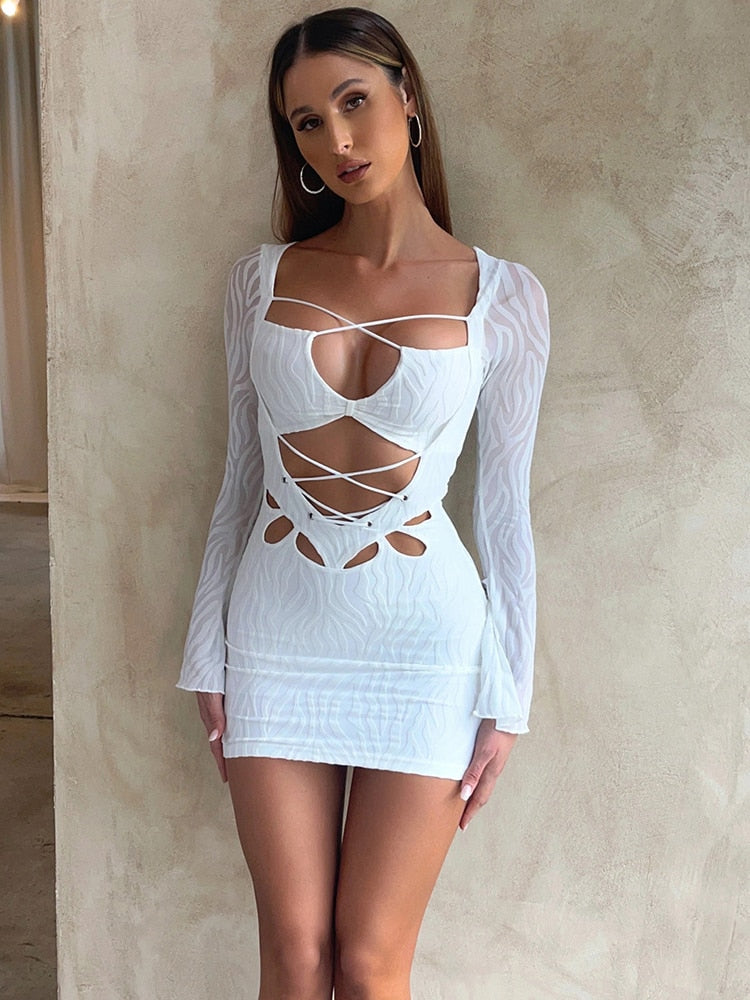 Textured Lace Up Bandage Mini Dress Outfit for Women Long Sleeve Bodyc The Clothing Company Sydney Textured Lace Up Bandage Mini Dress Outfit for Women Long Sleeve Bodyc The Clothing Company Sydney