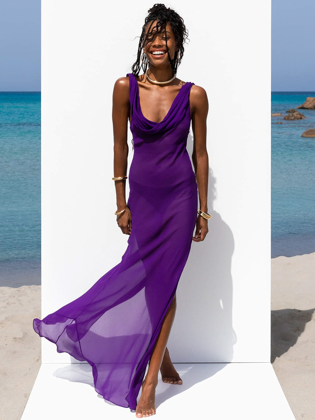 Backless chiffon maxi dress by The Clothing Company Sydney, long summer beach cover-up with bodycon fit and flowing style.