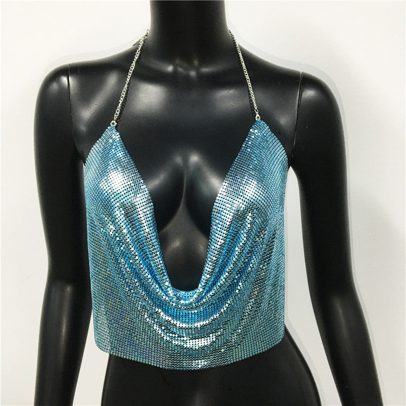 Metal sequined tank top by The Clothing Company Sydney, gold and silver backless cropped camisole with glitter for summer beach wear