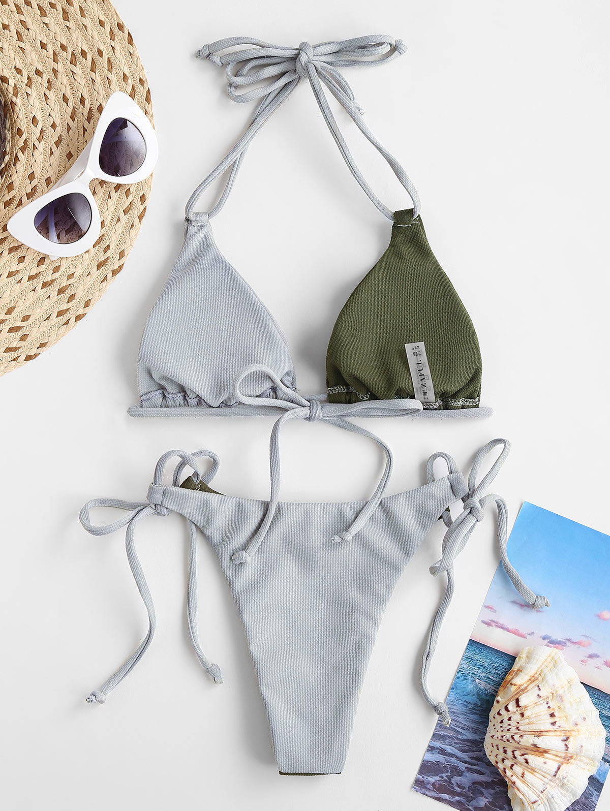 Color block textured Micro G string bikini set with halter top, two-piece swimsuit by The Clothing Company Sydney, perfect for swim parties.