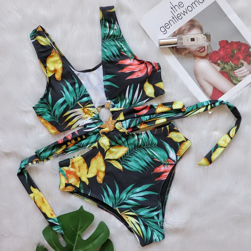Hollow out floral one-piece swimsuit with cut-outs, metal decor, push-up style, by The Clothing Company Sydney, perfect for beachwear.