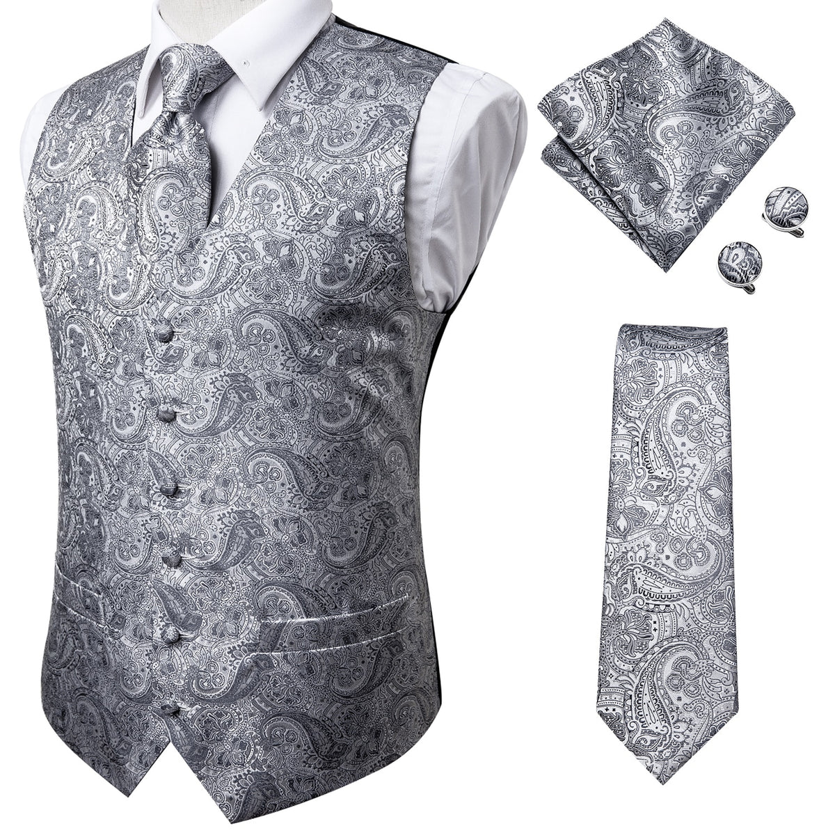 Men's luxury silk vest and tie set featuring paisley, floral, and plaid patterns in blue, gold, red, and silver for wedding attire.
