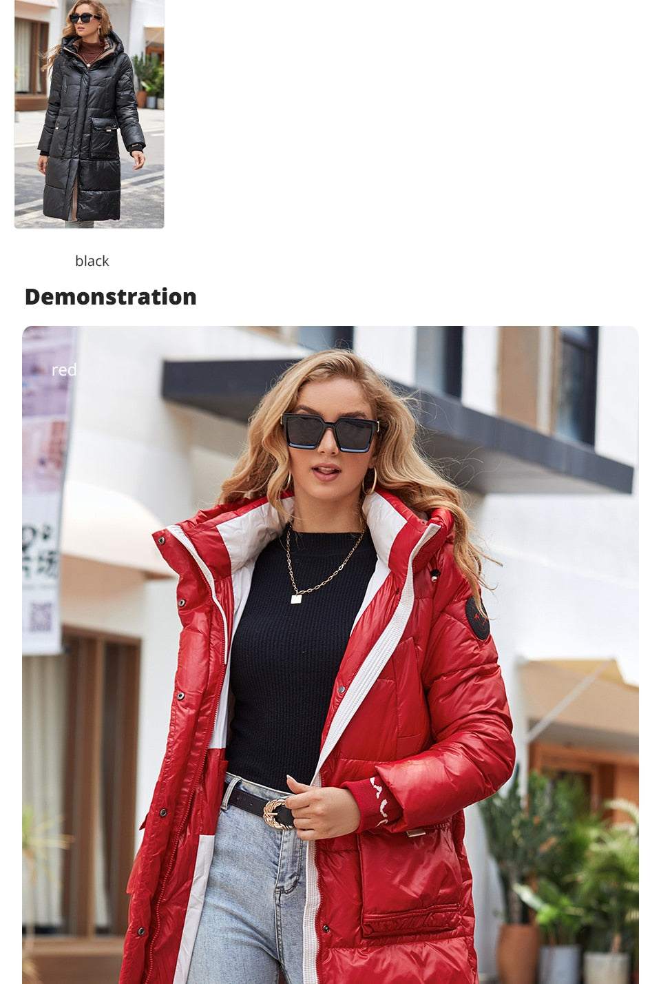 Women's long down jacket by The Clothing Company Sydney featuring a stand collar, hood, large pockets, and slim fit design.