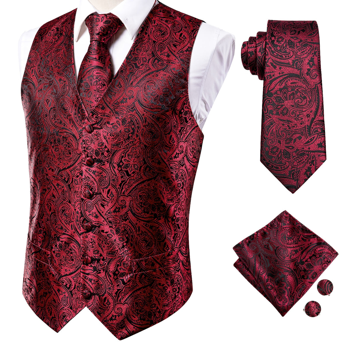 Four-piece men's vest and tie set featuring luxury paisley, floral, and plaid silk in blue, gold, red, and silver for wedding suits.