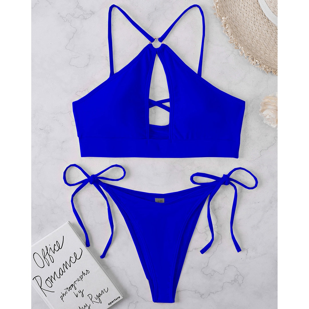 The Clothing Company Sydney cut out halter bikini swimsuit with padded straps, featuring a stylish two-piece design and strappy details.